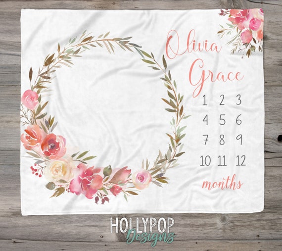 Personalized Floral Wreath Baby Milestone Blanket, Monthly Growth Tracker