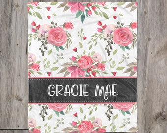 Personalized Baby Girl Blanket, Pink Floral Baby Name Blanket, Custom Girl Blanket, Baby Shower Gift, Floral Name Blanket, Custom Minky