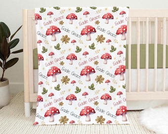 PERSONALIZED MUSHROOM BLANKET, Cottagecore Woodland Baby Blanket, Baby Girl Name Blanket, Mushroom Nursery Gender Neutral Custom Baby Gift