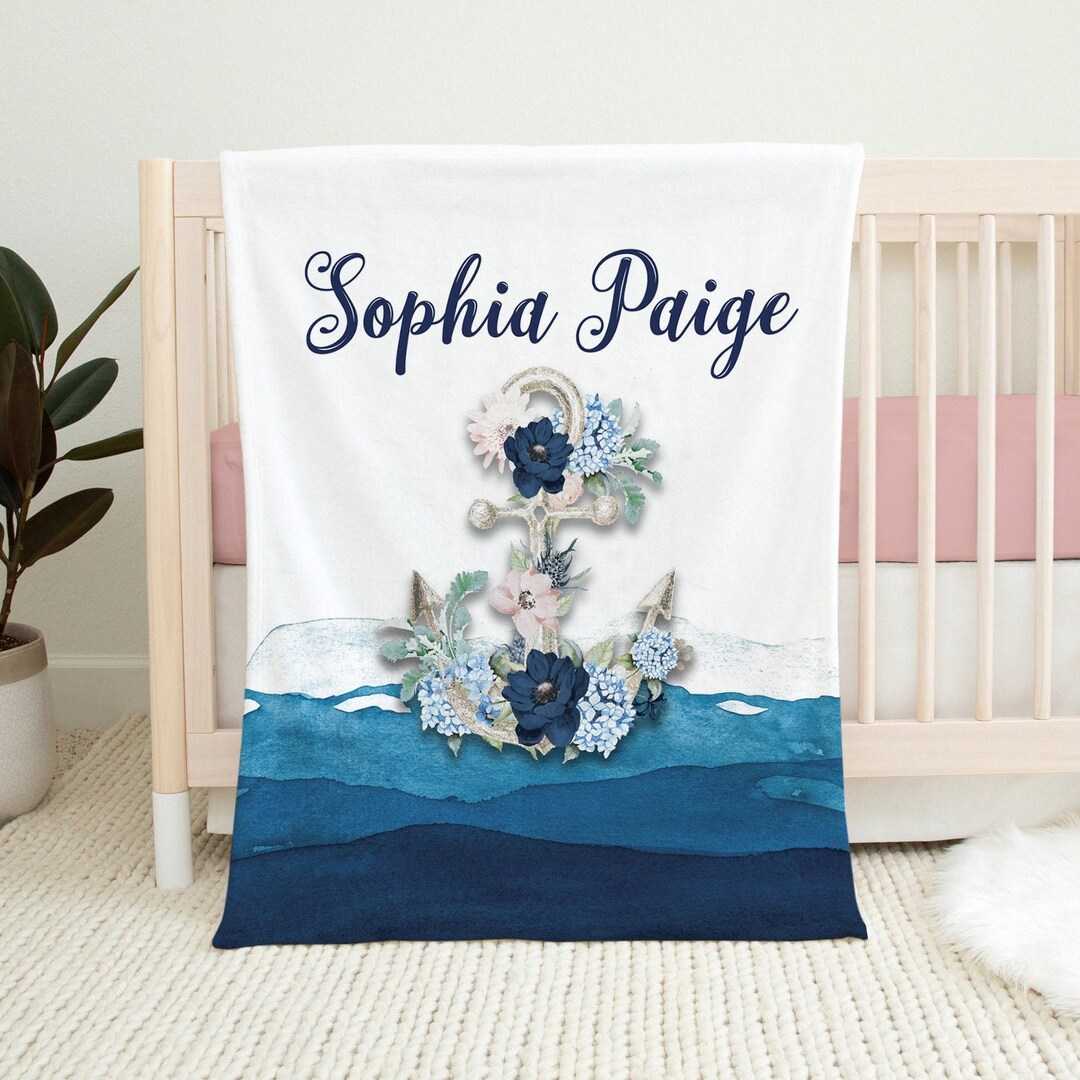 Nautical Baby Girl Blanket, Personalized Girl Floral Anchor Blanket, Blue Pink at Sea Blanket