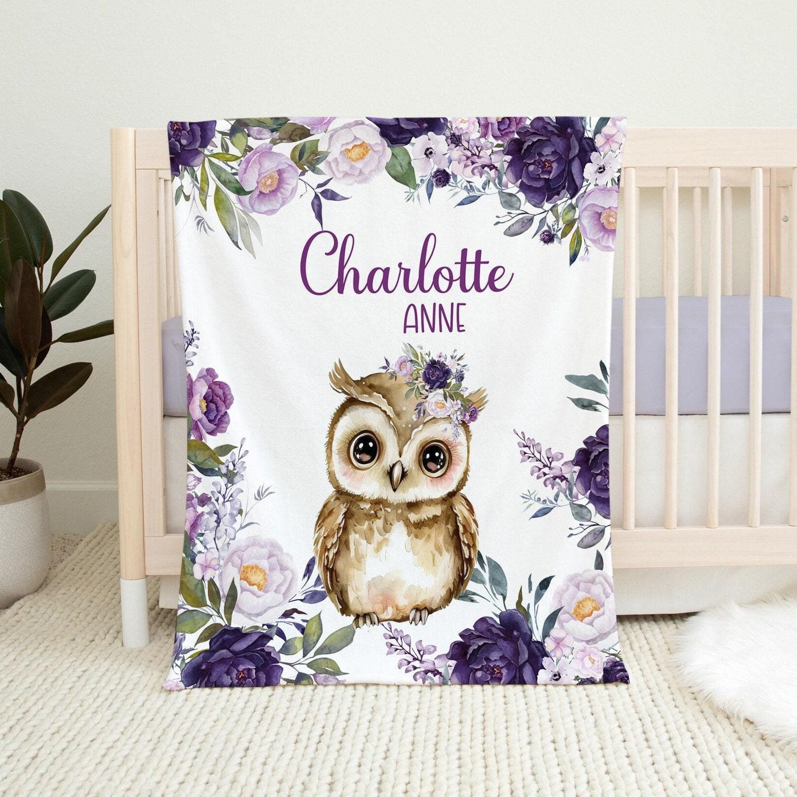 CUSTOM OWL BABY Blanket, Personalized Baby Name Blanket, Baby Girl Custom Blanket, Purple Floral Owl