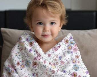 Personalized Floral Baby Blanket, Pink Purple Wildflower Infant Girl Minky Sherpa, Toddler Girl Floral Design Fleece Throw, Gift for Newborn