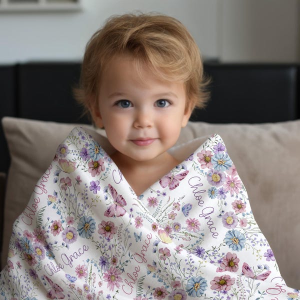 Personalized Floral Baby Blanket, Pink Purple Wildflower Infant Girl Minky Sherpa, Toddler Girl Floral Design Fleece Throw, Gift for Newborn