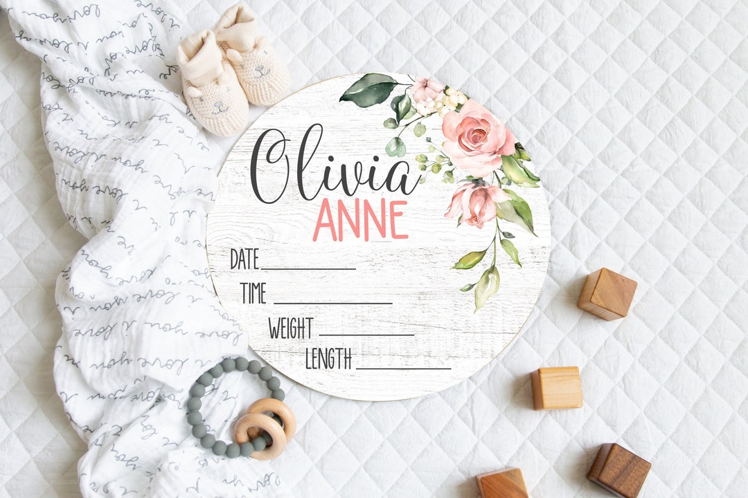 Newborn Baby Girl Wood Birth Stats, Pink Floral Baby Name Sign