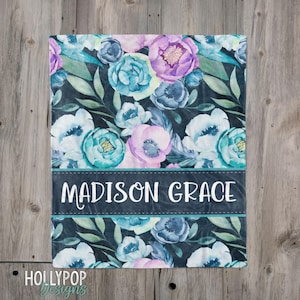 Purple Teal Floral Baby Name Blanket, Baby Girl Custom Blanket, Personalized Name Blanket, Girl Gift, Floral Girl Blanket, Baby Shower Gift