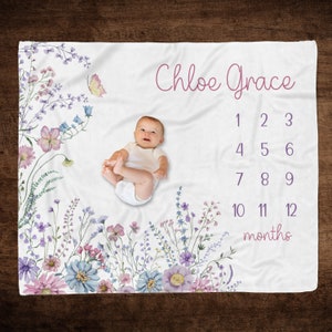 PERSONALIZED WILDFLOWER Baby Girl Milestone Blanket, Newborn Girl Age Blanket, Infant Month to Month Blanket, Custom Girl First Year Blanket