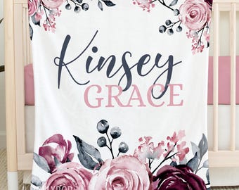 PERSONALIZED BABY BLANKET, Floral Baby Girl Blanket, Gift for Baby Girl, Custom Girl Name Blanket, Personalized Name Floral Baby Shower Gift