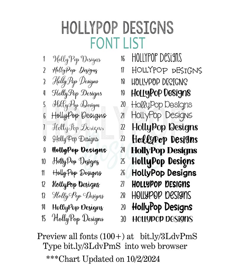 a list of font and numbers for a website