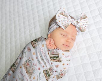 STORYBOOK SWADDLE BLANKET, Baby Girl Wildflower Book Baby Swaddle, Floral Book Baby Blanket, Swaddle Hat Headband Set, Baby Shower Gift Girl