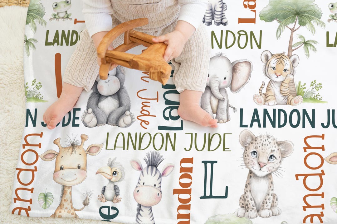 CUSTOM BABY BOY Safari Animals Baby Blanket, Personalized Jungle Animal ...