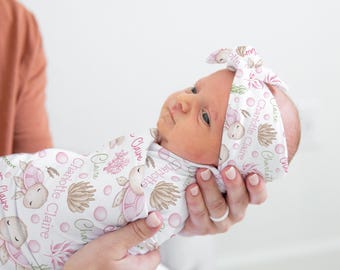 GIRL SEA TURTLE Swaddle Blanket, Pink Sea Turtle Baby Name Swaddle