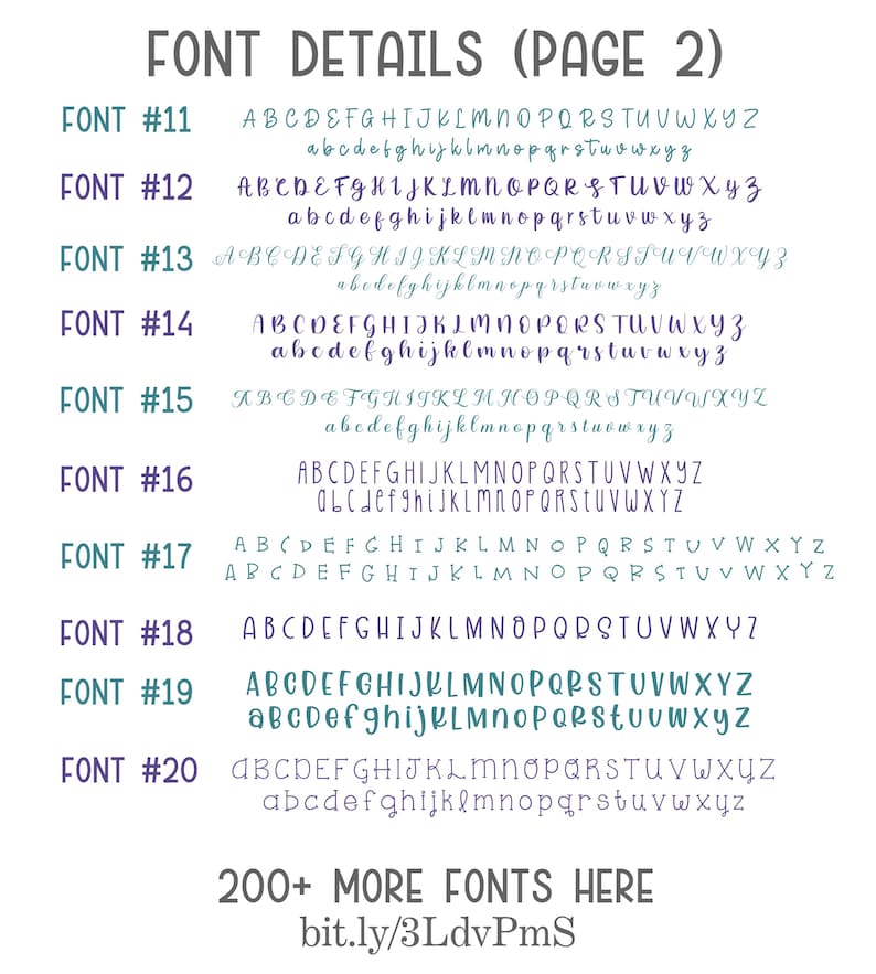 Pu&ograve; includere: Pagina di dettagli dei font con esempi di vari font, numerati da 11 a 20. Ogni font mostra lettere maiuscole e minuscole. Il testo "200+ MORE FONTS HERE" e un URL sono in basso.