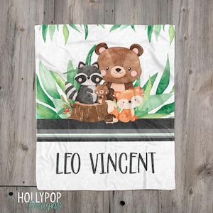 Personalized Baby Boy Name Blanket, Woodland Animals Blanket, Woodland Nursery Boy Blanket, Custom Name Blanket Boy, Newborn Baby Boy Gift