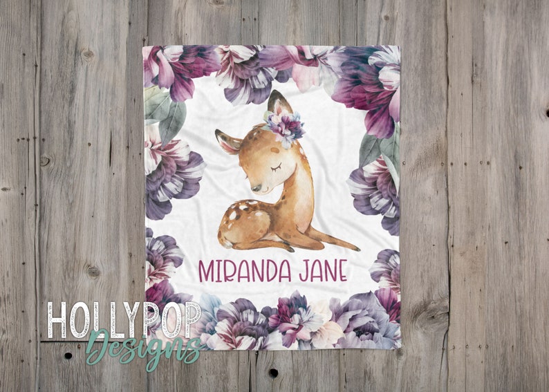 Purple Floral Deer Baby Blanket Personalized Deer Blanket Etsy