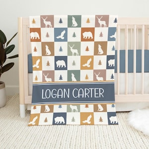 CUSTOM BOY WOODLAND Blanket, Woodland Animals Baby Blanket, Personalized Boy Blanket, Toddler Boy Animal Blanket, Woodland Nursery Baby Gift