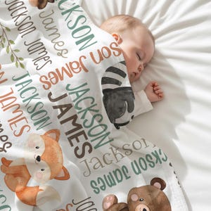 Personalized Baby Boy Blanket, Woodland Animals Nursery, Custom Baby Name Minky, More Color Options