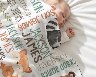 Personalized Baby Boy Blanket, Woodland Animals Nursery, Custom Baby Name Minky, More Color Options
