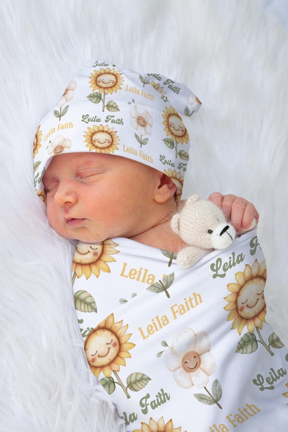 SUNFLOWER DAISY BABY Girl Swaddle Set, Smiley Flower Baby Blanket