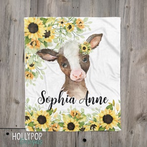 Personalized Sunflower Cow Blanket, Baby Girl Name Blanket, Baby Calf, Yellow Floral Baby Cow Blanket, Baby Girl Shower Gift, Newborn Gift