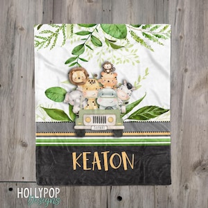 Safari Animal Blanket, Personalized Baby Blanket, Baby Boy Name Blanket, Custom Boy Blanket, Baby Shower Gift, Personalized Newborn Boy Gift