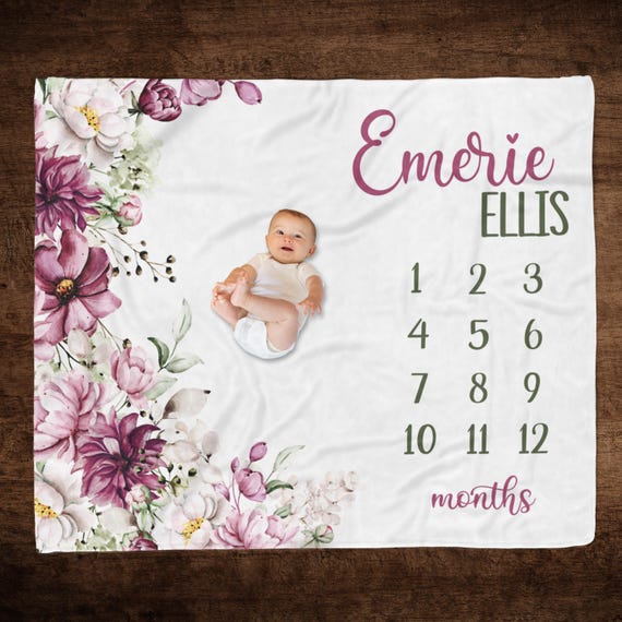 Purple Floral Baby Girl Milestone Blanket, Personalized Baby Month Blanket  Purple Flowers, Track Baby Growth Blanket, Newborn Baby Girl Gift