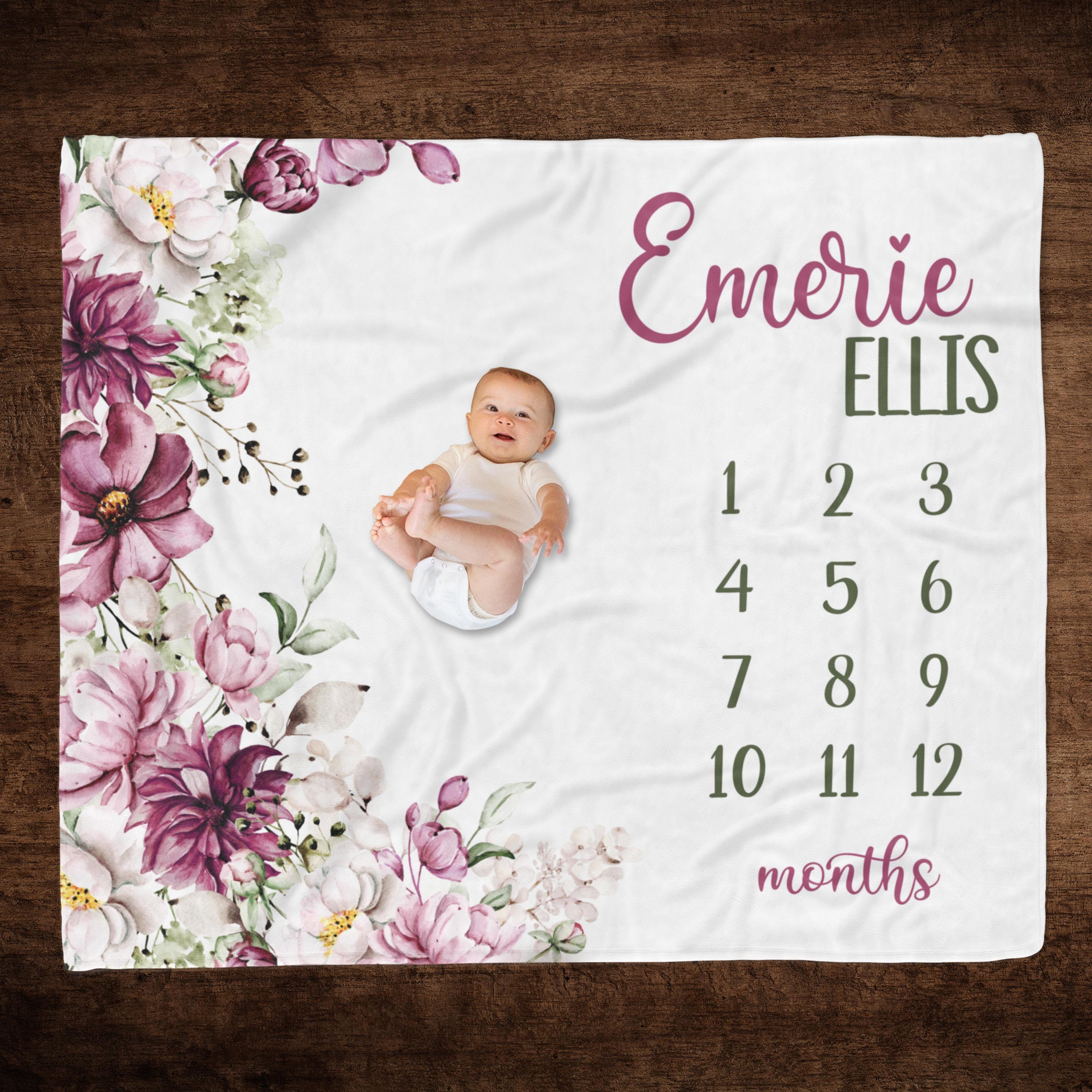 Purple Floral Baby Girl Milestone Blanket, Personalized Baby Month Blanket  Purple Flowers, Track Baby Growth Blanket, Newborn Baby Girl Gift