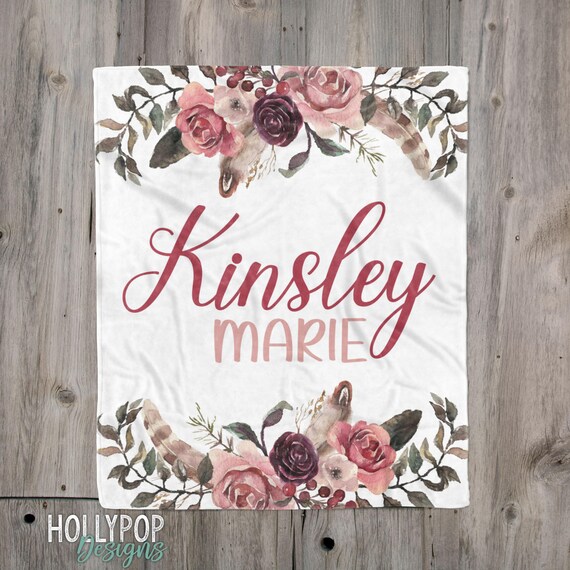 Baby Girl Personalized Boho Blanket, Pink Floral Boho, Custom Name Baby Blanket, Toddler Girl Floral Blanket, Custom Girl Baby Shower Gift