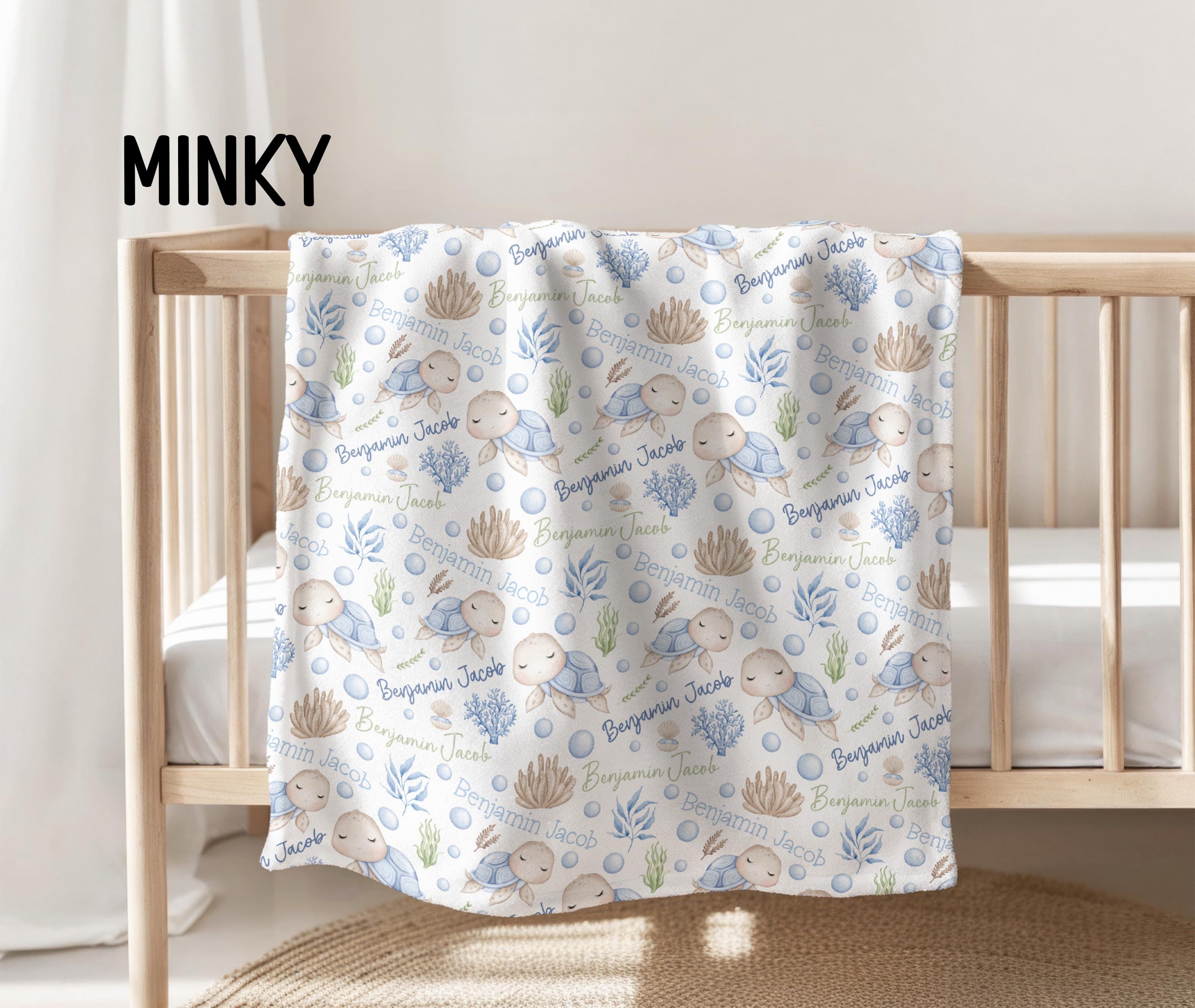 Personalized Name Sea Turtle Swaddle Blanket, Blue Sea Turtle Blanket Baby Boy Under the Sea Blanket, Infant Boy Baby Swaddle Hat Set, Newborn Boy Turtle Gift