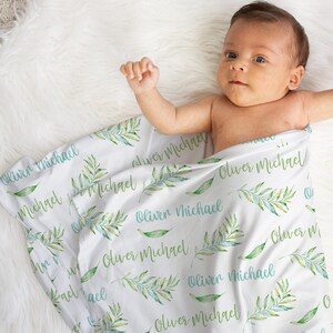 Personalized Baby Name Blanket, Blue Green Custom Name Swaddle Blanket, Laurel Leaf Name Blanket, Baby Shower Gift, Gender Neutral Blanket