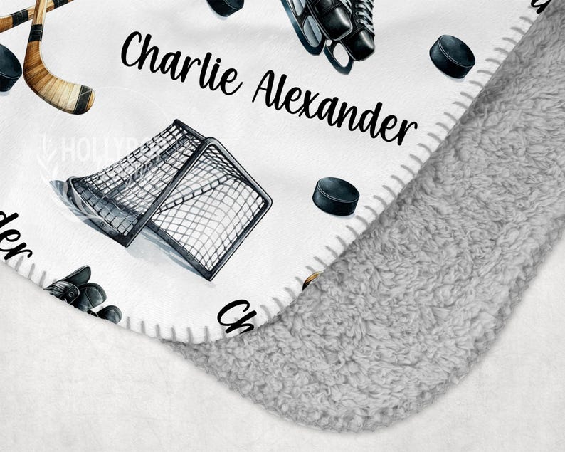 PERSONALIZED ICE HOCKEY Blanket, Baby Boy Hockey Blanket, Hockey Stick Puck Blanket, Custom Toddler Boy Name Blanket, Hockey Theme Nursery bild 5