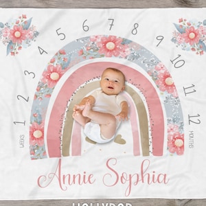 Floral Rainbow Milestone Blanket, Pink Blue Rainbow Baby Milestone, Baby Girl Personalized Milestone Blanket, Baby Month Blanket Rainbow