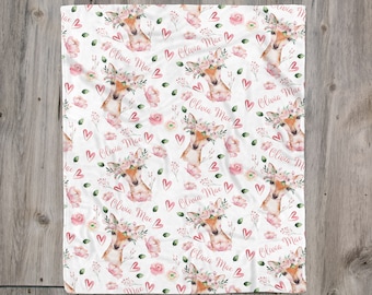 Girl Deer Blanket, Floral Woodland Deer Blanket, Pink Deer Blanket, Personalized Baby Name Blanket, Kids Name Blanket, Girl Name Blanket