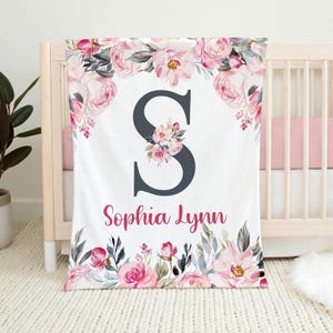 Pink Floral Girl Blanket, Floral Baby Name Blanket, Baby Girl Gift, Personalized Toddler Girl Floral Name Blanket, Custom Kids Name Blanket