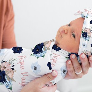 Baby Girl Floral Swaddle Set, Personalized Swaddle Blanket Knotted Hat, Infant Girl Floral Headband Beanie Hat, Newborn Girl Baby Swaddle