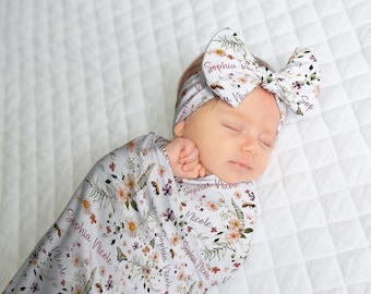 WILDFLOWERS BABY SWADDLE Set, Baby Girl Floral Swaddle, Wildflowers Baby Girl Swaddle Blanket, Custom Wildflower Blanket, Baby Girl Gift