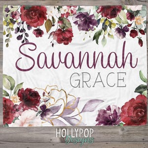 Baby Girl Floral Name Blanket, Red Rose Baby Name Blanket, Personalized Baby Girl Blanket, Baby Shower Gift, Floral Watercolor Blanket Girl