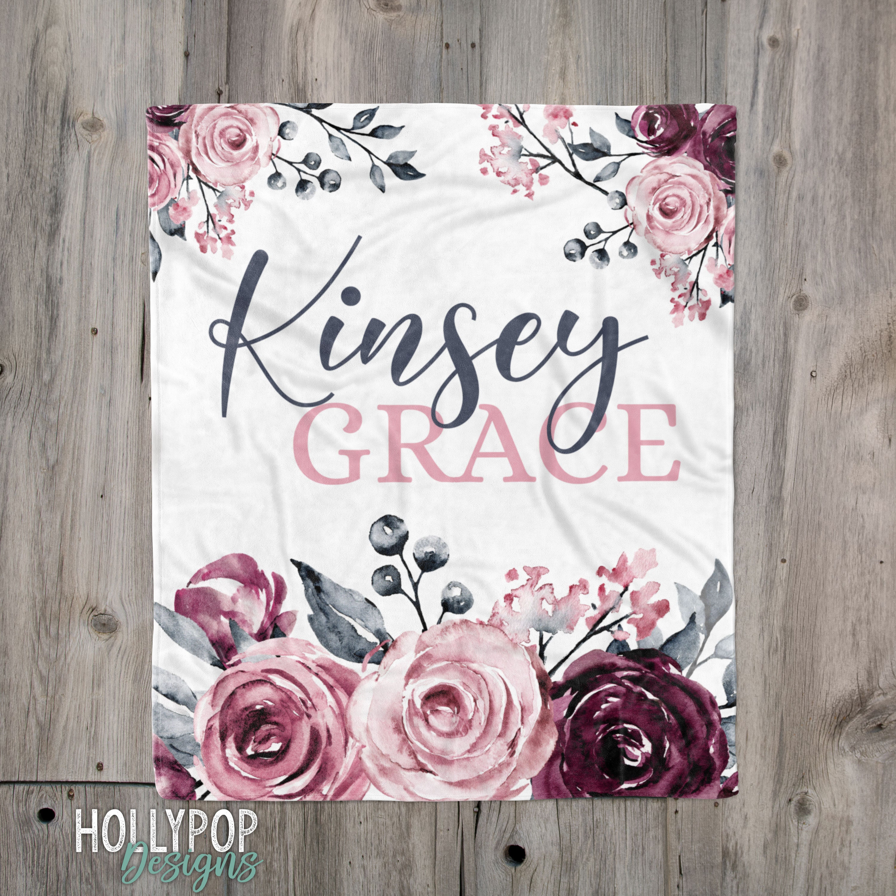 Floral Rose Name Blanket, Personalized Girl Baby Blanket, Baby Girl C…