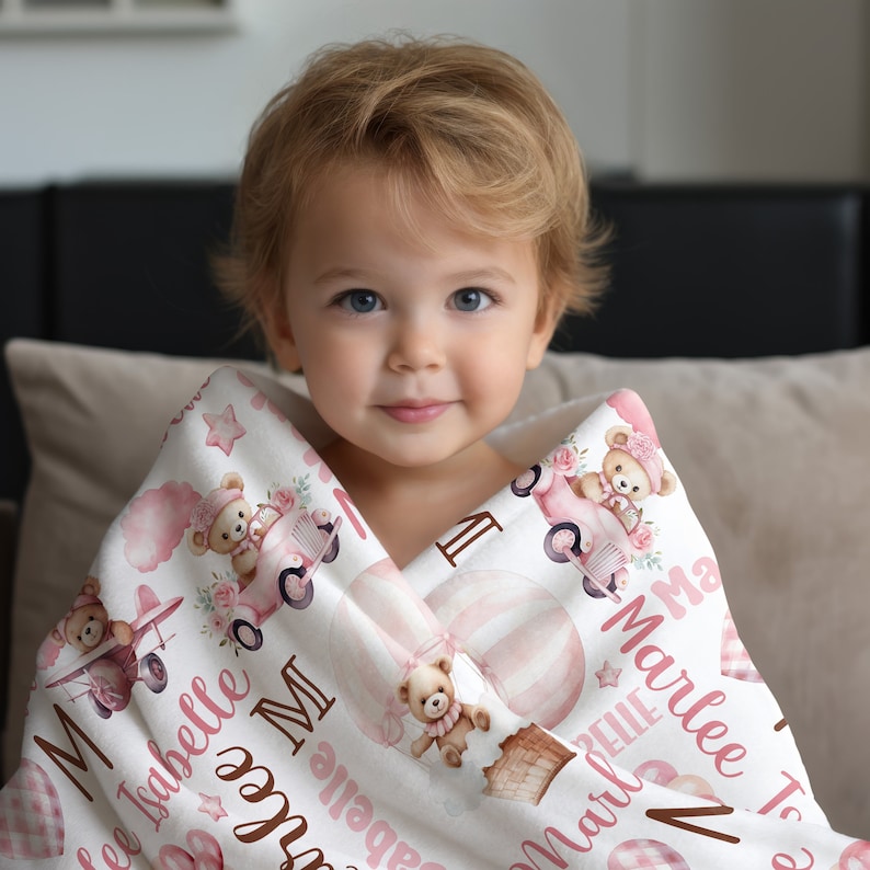 Marlee Script PINK TEDDY BEAR Baby Girl Blanket, Personalized Baby Blanket, Bear With ...