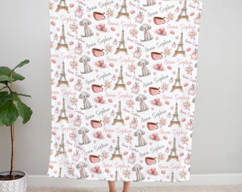 CUSTOM PARIS BLANKET, Personalized Paris Toddler Girl Blanket, Baby Girl Name Blanket, Eiffel Tower Blanket, Birthday Gift for Girl Paris