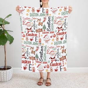 Personalized Christmas Baby Name Pattern Blanket, Santa Reindeer Snowman Blanket, Toddler Kids Christmas Blanket, Christmas Swaddle Blanket