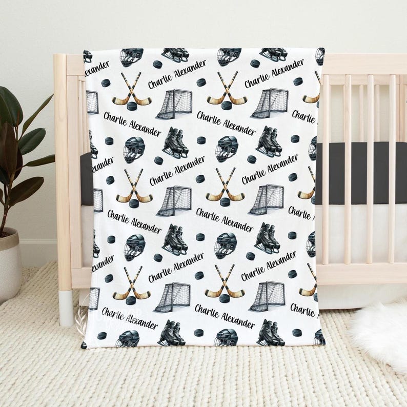 PERSONALIZED ICE HOCKEY Blanket, Baby Boy Hockey Blanket, Hockey Stick Puck Blanket, Custom Toddler Boy Name Blanket, Hockey Theme Nursery bild 3