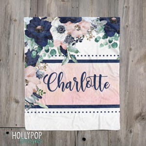 Pink Blue Floral Baby Girl Name Blanket, Personalized Floral Baby Blanket Navy Blue, Custom Name Blanket, Custom Girl Gift, Baby Shower gift