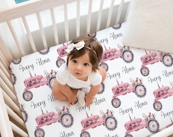 Personalized Pink Tractor Baby Bedding Set, Custom Farm Girl Nursery Decor, Girl Crib Sheet, Changing Pad Cover, Name Blanket, Mix & Match
