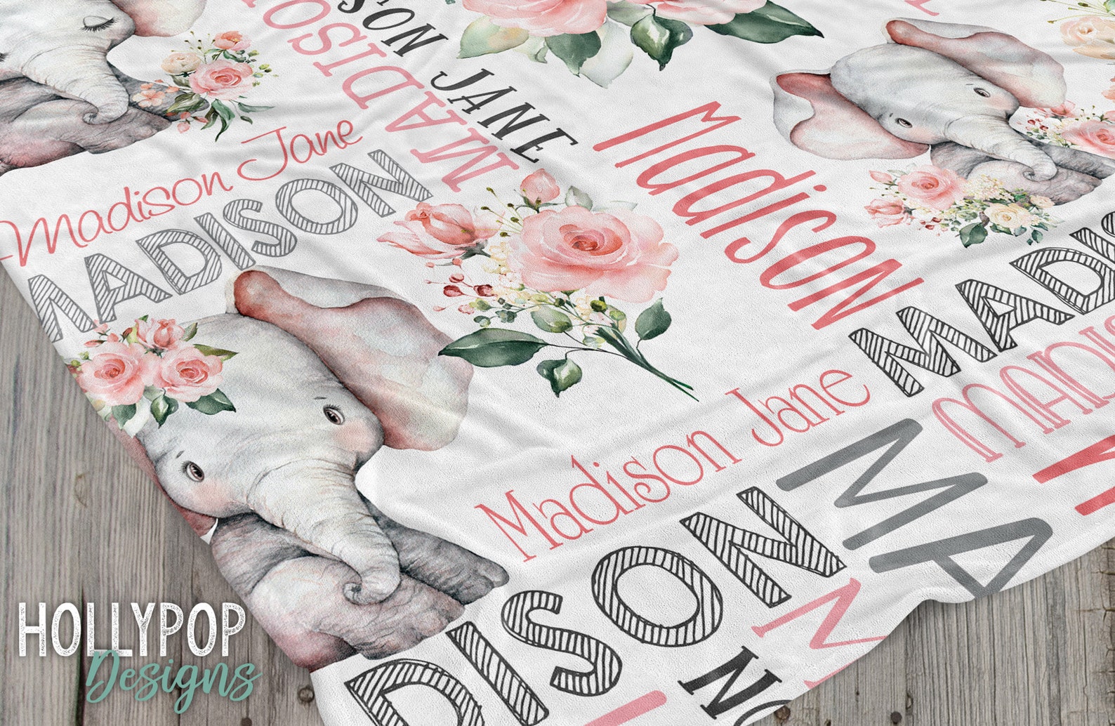 Floral Rose Elephant Baby Name Blanket Baby Girl Pink Etsy
