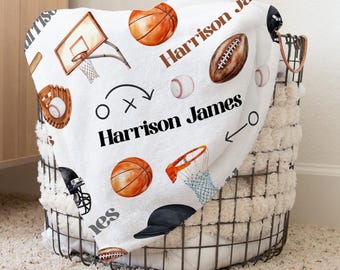 PERSONALIZED SPORTS BABY Blanket, Toddler Boy Sports Blanket, Baseball Football Basketball, Custom Baby Boy Name Blanket, Name Gift For Boy