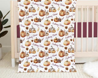 FALL FLORAL PUMPKIN Baby Name Blanket, Personalized Baby Pumpkin Throw Blanket, Autumn Baby Shower Gift, Newborn Fall Baby Girl Name Blanket