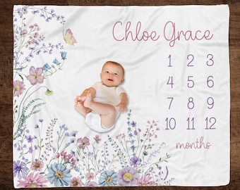 PERSONALIZED WILDFLOWER Baby Girl Milestone Blanket, Newborn Girl Age Blanket, Infant Month to Month Blanket, Custom Girl First Year Blanket