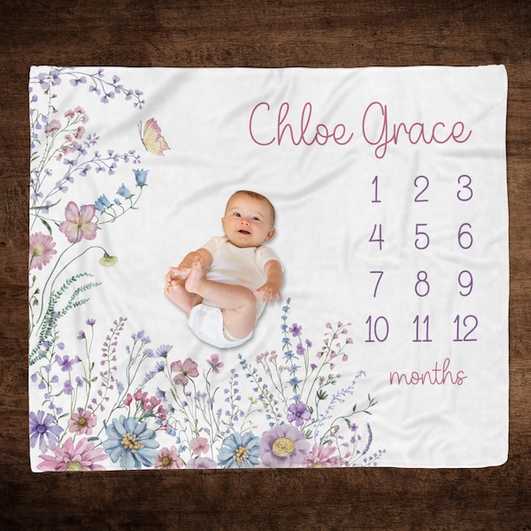 PERSONALIZED WILDFLOWER Baby Girl Milestone Blanket, Newborn Girl Age Blanket, Infant Month to Month Blanket, Custom Girl First Year Blanket
