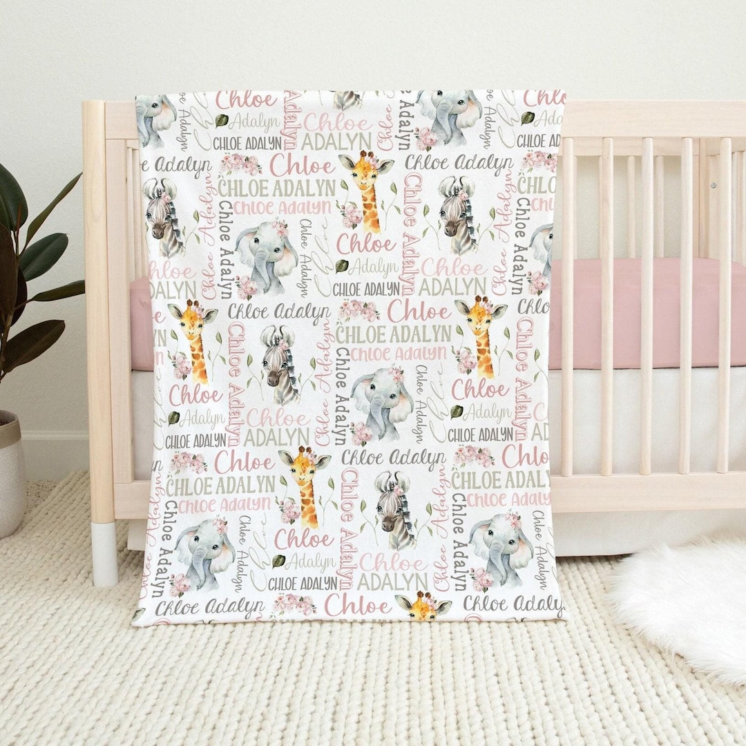 PERSONALIZED BABY GIRL Safari Animal Blanket Custom Pink Floral Safari ...