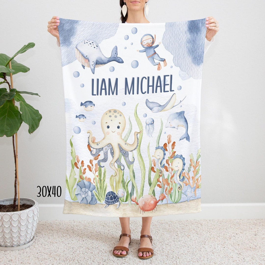 Under the Sea Boy Blanket, Personalized Ocean Theme Baby Name Blanket ...